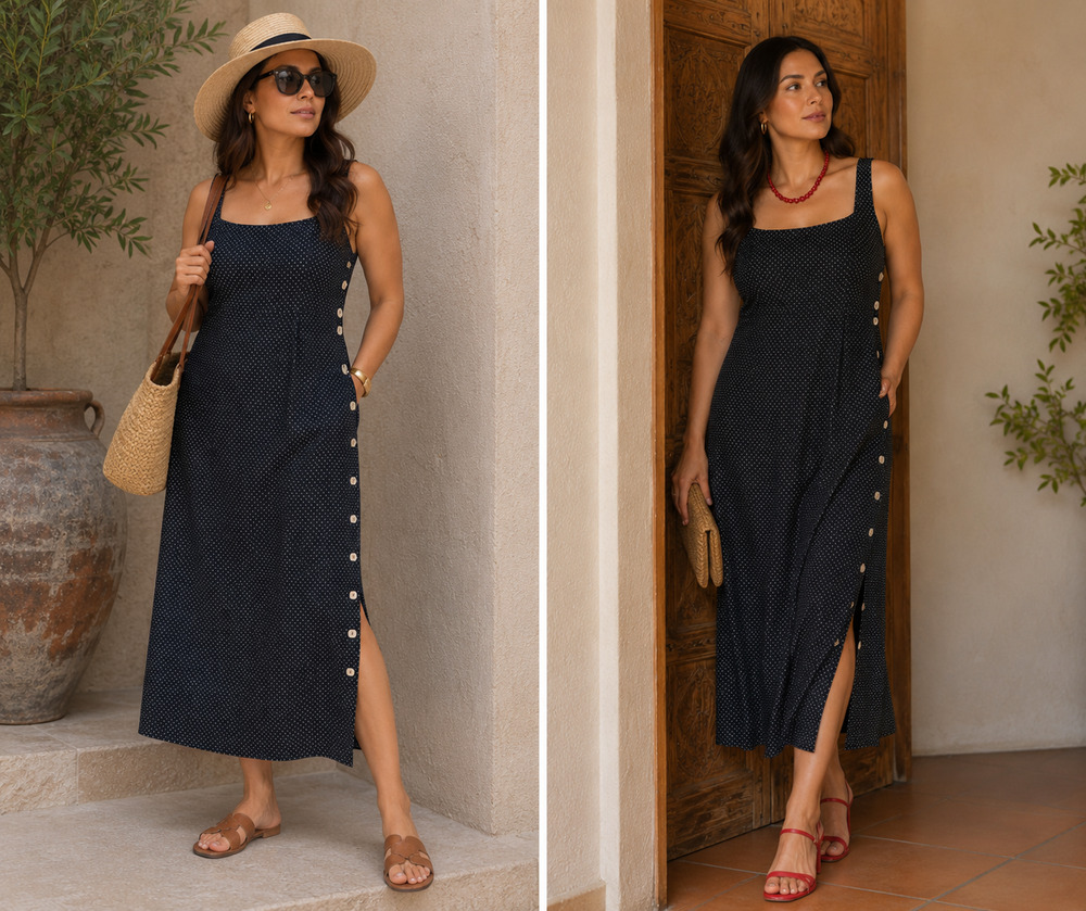 Vintage TEDDI Black Polka Dot Crinkle Midi Dress Empire Waist Side Button Size-M